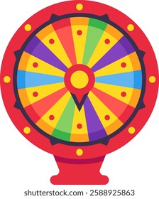 Wheel of fortune with many colored segments representing multiple possibilities, spinning to determine random outcomes in a game or contest, creating excitement and anticipation