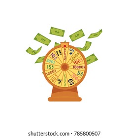 Wheel of fortune with money, dollar banknotes flying, falling down, casino symbol, flat vector illustration isolated on white background. Wheel of fortune, casino, gambling device, lottery concept