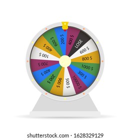 Wheel fortune with money prize, winning  jackpot. Gambling roulette, winner lucky game, prize gaming leisure illustration