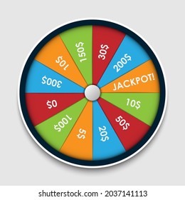 Wheel of Fortune with money prize, winning lottery. Gambling roulette, winner lucky game, vector illustration