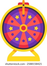 Wheel of fortune with purple and red segments decorated with golden stars spinning on yellow stand representing luck, chance and prize during lottery or gambling game