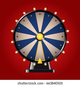 Wheel of Fortune - realistic modern vector image. Red background. Use this quality clip art elements for your design. Play a game of chance, roulette. Win a big prize, earn a trophy.