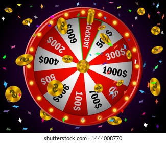 Wheel fortune red on black background, 3 d roulette,  realistic vector illustration