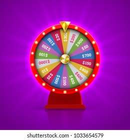Wheel of fortune roulette for gambling lottery game. Vector gamble game of chance disk with win-win chance. Fortune wheel isolated on bright purple background