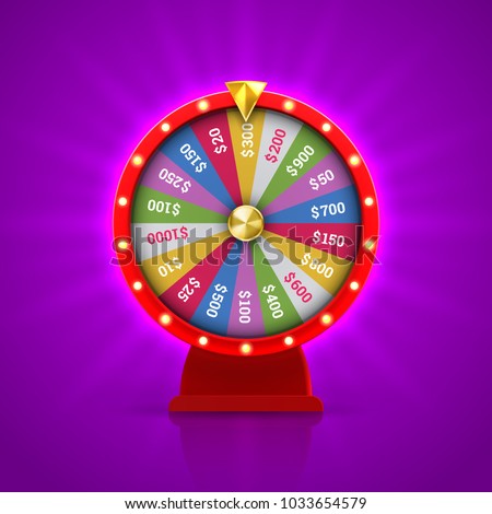 Wheel of fortune roulette for gambling lottery game. Vector gamble game of chance disk with win-win chance. Fortune wheel isolated on bright purple background