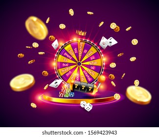 The Wheel of fortune, roulette, slot machine, illuminated by searchlights, on the podium surrounded by flying coins and playing chips. Vector illustration realistic concept design for casino