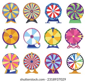 Wheel fortune set. Roulette game wheels with sections, flat icons. Spin lucky wheels, casino, money game symbols. Isolated vector illustration