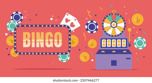 Сasino wheel of fortune and slot machine flat simple style concept. Vector graphic design illustration element 