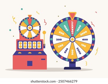 Сasino wheel of fortune and slot machine flat simple style concept. Vector graphic design illustration element 