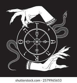 Wheel of Fortune and snake in witch hands. Tattoo, poster or print design vector illustration