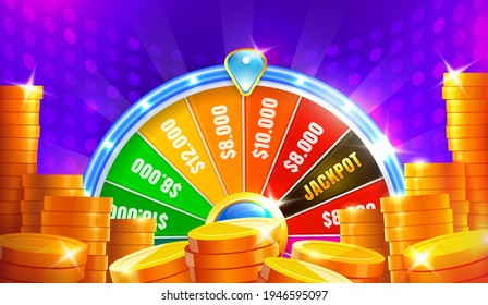 Wheel fortune. Spinning fortune wheel, lucky roulette. Casino neon colorful. Vector illustration