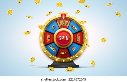 Wheel of fortune. Spinning lucky roulette with golden coins on a light background. Vector illustration.
