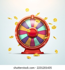 Wheel of fortune. Spinning lucky roulette with golden coins on a light background. Vector illustration.