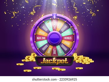 Wheel of fortune. Spinning lucky roulette with confettii and coins on a bright glowing background. Vector illustration.