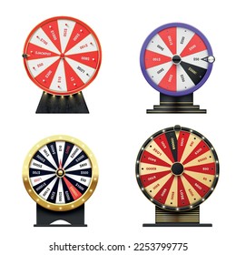 Wheel of fortune spinning roulette casino chance entertainment set realistic vector illustration. Lucky betting gambling game prize jackpot win success turn lottery gamble leisure circle with number