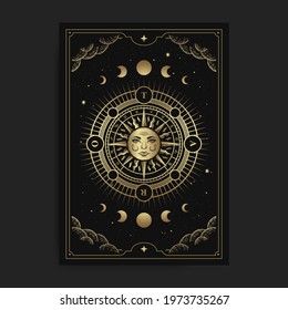 Wheel of fortune with the sun in the middle, with engraving, hand drawn, luxury, celestial, esoteric, boho style, fit for spiritualist, religious, paranormal, tarot reader, astrologer or tattoo