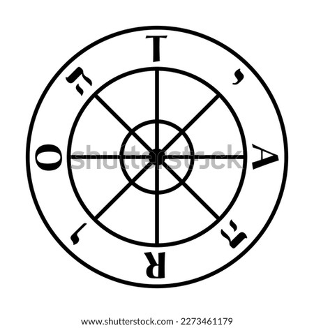 Wheel of Fortune, symbol from the tarot card and Major Arcanum number X. Wagon wheel with 8 spokes, clockwise the capital letters TARO, and the hebrew serifs yodh, he, waw, he, for the Tetragrammaton. Foto stock © 
