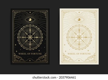 Wheel of fortune tarot card in engraving, luxury, esoteric, boho style. Suitable for spiritualists, psychics, tarot, fortune tellers, astrologers and tattoo