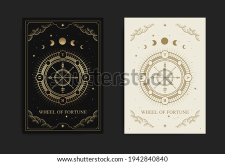 Wheel of fortune tarot card with engraving, handrawn, luxury, esoteric, boho style, fit for paranormal, tarot reader, astrologer or tattoo