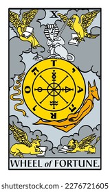 Wheel of Fortune tarot card number X. Trump and Major Arcanum, showing an 8-spoked wheel with letters TARO, hebrew YHWH, a sphinx, Typhon, Anubis, and in the corners Taurus, Leo, Scorpio and Aquarius.