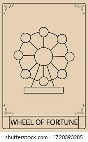 Wheel Of Fortune. Tarot card, vintage color and minimalist drawing engraved illustration with mystic symbols. The Major Arcana.