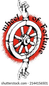 Wheel of Fortune and two hands showing the way up and down. Engraving style. Suitable for posters, t shirt design, cards, tattoo.