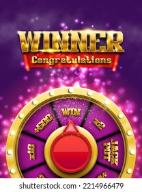 Wheel of fortune. Winner text with spinning lucky roulette on a bright glowing background. Vector illustration.
