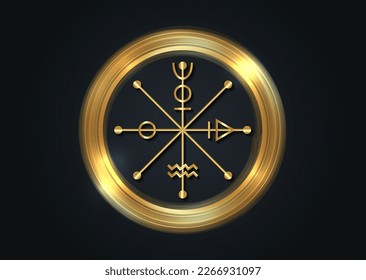 The Wheel of Fotune tarot symbol, gold worldwide ancient sign, the cycle of life, magical witch talisman lucky charm, golden round icon of sacred geometry isolated on black background 