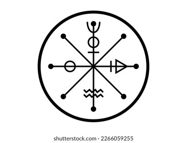 The Wheel of Fotune tarot symbol, worldwide ancient sign, the cycle of life, magical witch talisman lucky charm, black tattoo icon of sacred geometry isolated on white background 