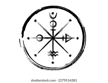 The Wheel of Fotune tarot symbol, worldwide ancient sign, the cycle of life, hand drawing brush stroke style magical witch black tattoo icon of sacred geometry isolated on white background 