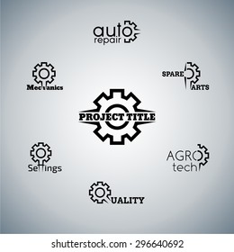 Wheel gear elements for your project, black and white graphic set, vector template,