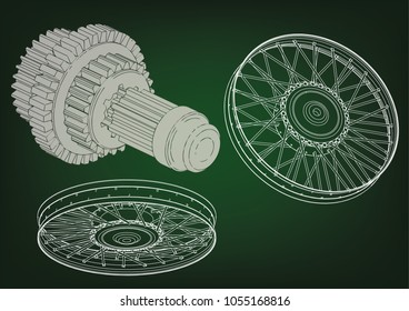 wheel and gear mechanism on a green background