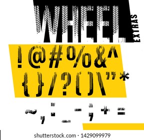 Wheel. Grunge tire extras. Off road lettering in a black color isolated on white background. Editable vector illustration. Grunge typography useful for automotive poster, print, leaflet design.