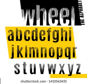 Wheel. Grunge tire letters. Off road lettering in a black color isolated on white background. Editable vector illustration. Grunge typography useful for automotive poster, print, leaflet design.