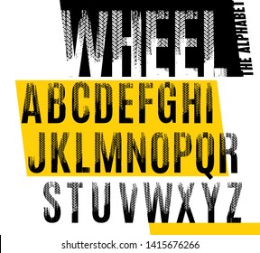 Wheel. Grunge tire letters. Off road lettering in a black color isolated on white background. Editable vector illustration. Grunge typography useful for automotive poster, print, leaflet design.