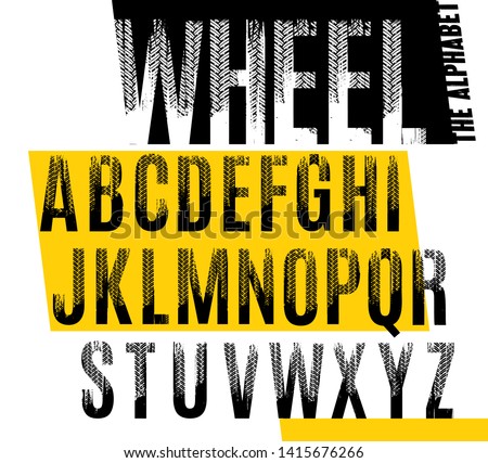 Wheel. Grunge tire letters. Off road lettering in a black color isolated on white background. Editable vector illustration. Grunge typography useful for automotive poster, print, leaflet design.