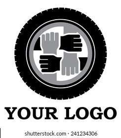 Wheel And Hands Vector Logo, Mutual Help, Race Brotherhood