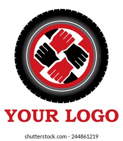 Wheel and hands vector logo, mutual help, brotherhood - red