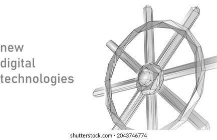 Wheel helm computer developer app concept. Business digital open source program. Data coding steering 3D low polygonal vector line illustration