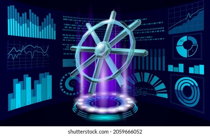 Wheel helm computer developer app concept. Business digital open source program. Data coding steering 3D low polygonal vector line illustration