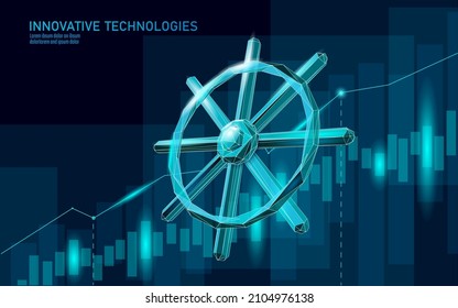 Wheel helm computer developer app concept. Business digital open source program. Data coding steering 3D low polygonal vector line illustration