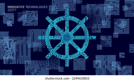 Wheel helm computer developer app concept. Business digital open source program. Data coding steering 3D low polygonal vector line illustration