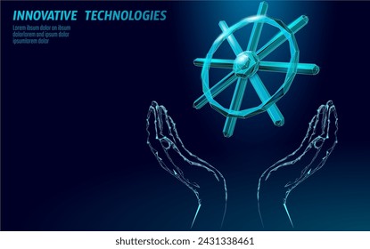 Wheel helm computer developer app concept. Business digital open source program. Data coding steering 3D low polygonal vector line illustration