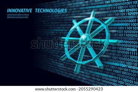 Wheel helm computer developer app concept. Business digital open source program. Data coding steering 3D low polygonal vector line illustration