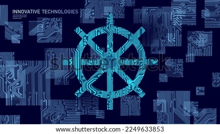 Wheel helm computer developer app concept. Business digital open source program. Data coding steering 3D low polygonal vector line illustration