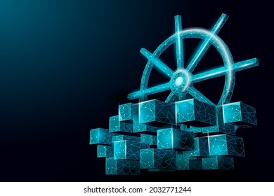 Wheel helm on container computer developer app concept. Business digital open source program. Data coding steering 3D low polygonal vector line illustration