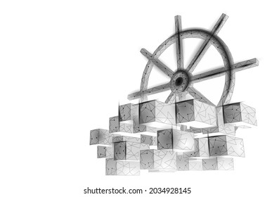 Wheel helm on container computer developer app concept. Business digital open source program. Data coding steering 3D low polygonal vector line illustration