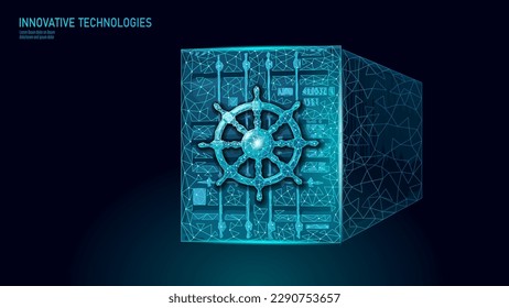 Wheel helm on container computer developer app concept. Business digital open source program. Data coding steering 3D low polygonal vector line illustration