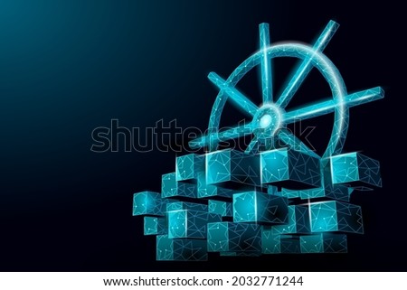 Wheel helm on container computer developer app concept. Business digital open source program. Data coding steering 3D low polygonal vector line illustration