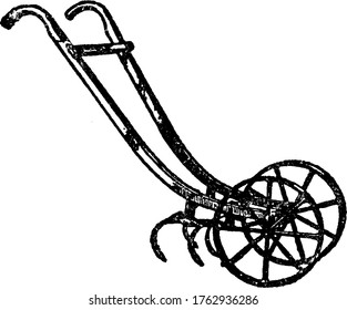 Wheel hoe is used by hands having two wheels and multiple blades , vintage line drawing or engraving illustration.